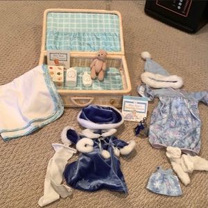 Bitty baby wicker basket and Bear and 2 outfits